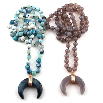

Fashion Bohemian Tribal Jewelry Semi Precious Stones Long Knotted Stone Moon Pendant Necklaces Women Ethnic Necklace