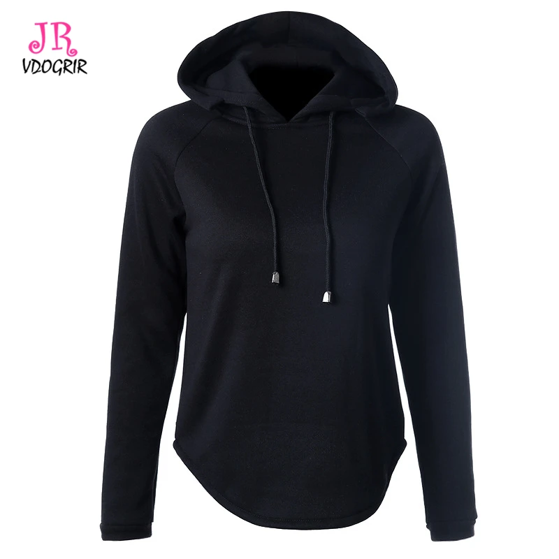 JR VDOGRIR Black Hooded Collar Hoodies For Women Pullovers Full Sleeves