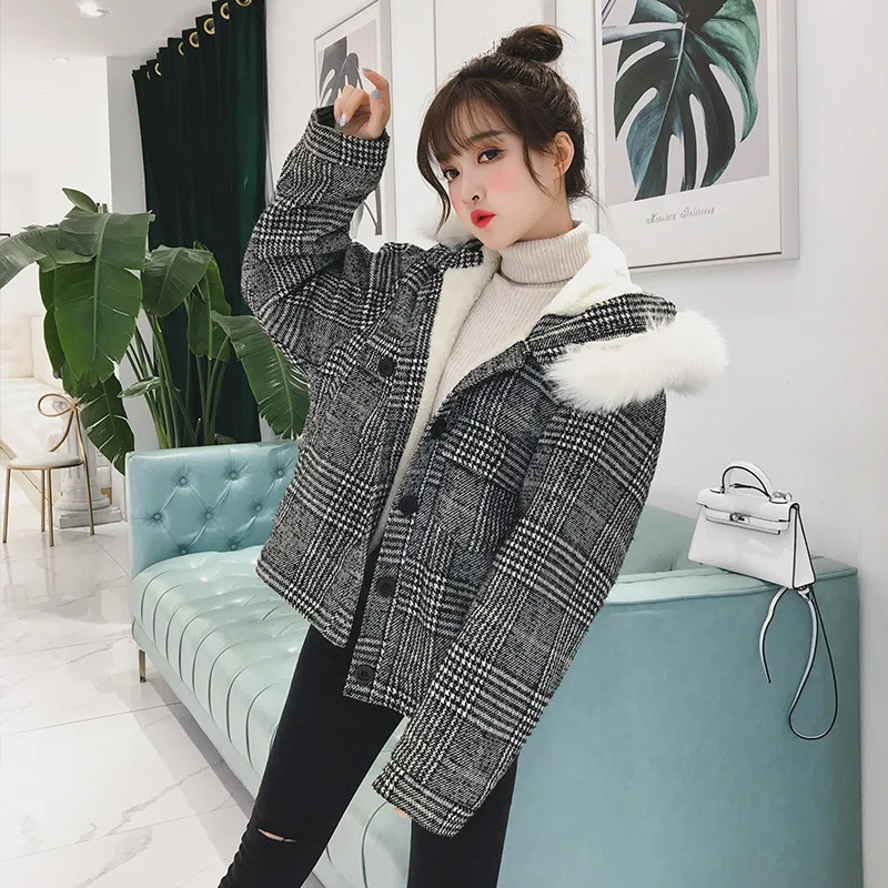 Женское Короткое шерстяное пальто abrigos mujer invierno утолщенное в клетку с поясом зима