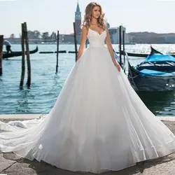 Модное Тюлевое платье на бретельках с вырезом, бальное платье, свадебное платье с кружевной с бисерной вышивкой, свадебное платье со