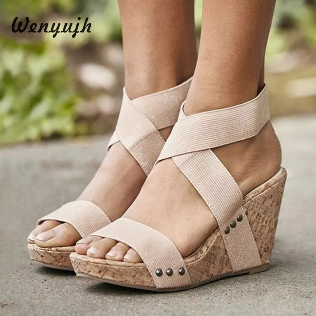 

WENYUJH Women Sandals Summer Shoes Wedges Elastic Band Sandals Women Casual Ladies High Heel Platform Sandals Womens Shoes