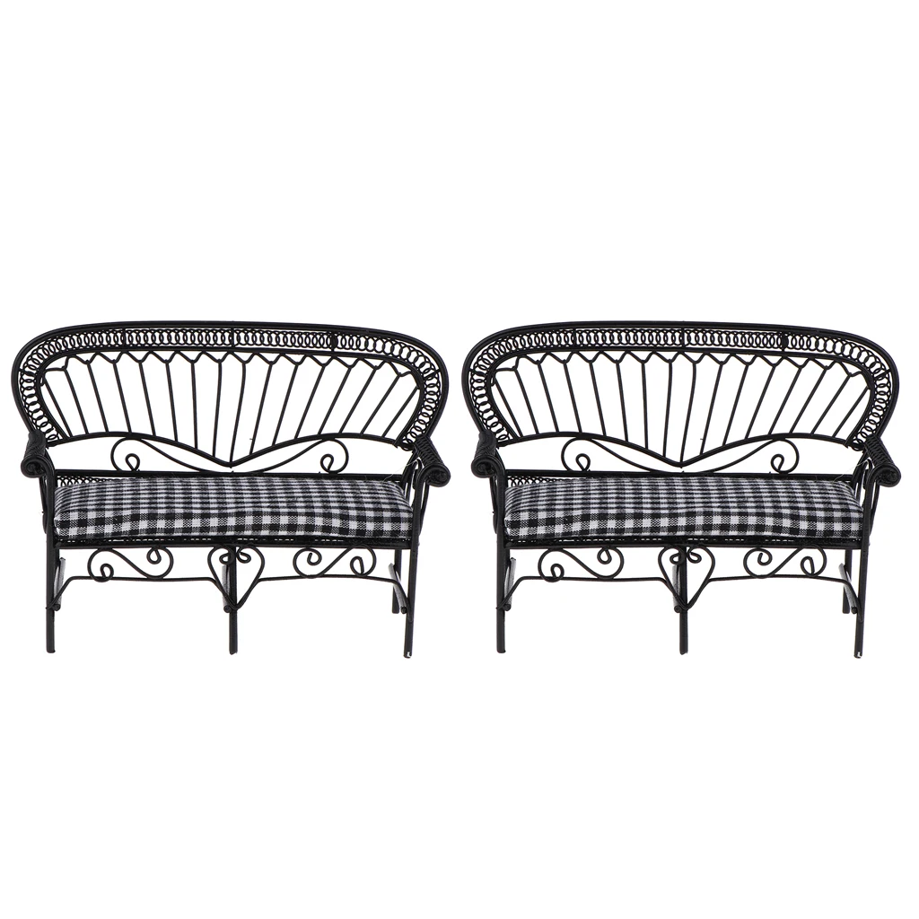 2Pcs 1/12 Dollhouse Miniature Furniture Living Room Garden Vintage Iron Double Chair Double-Seat Sofa Model