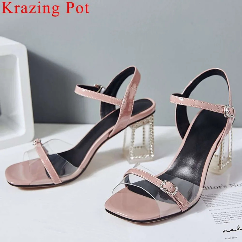 

Krazing Pot European designer big size peep toe buckle strap high heels crystals decoration natural leather women sandals L2f1