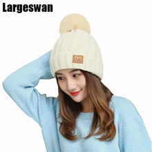 Largeswan brand gorros knitted hat warm winter hats for women beanies Letter cotton skullies female pom poms hat autumn cap