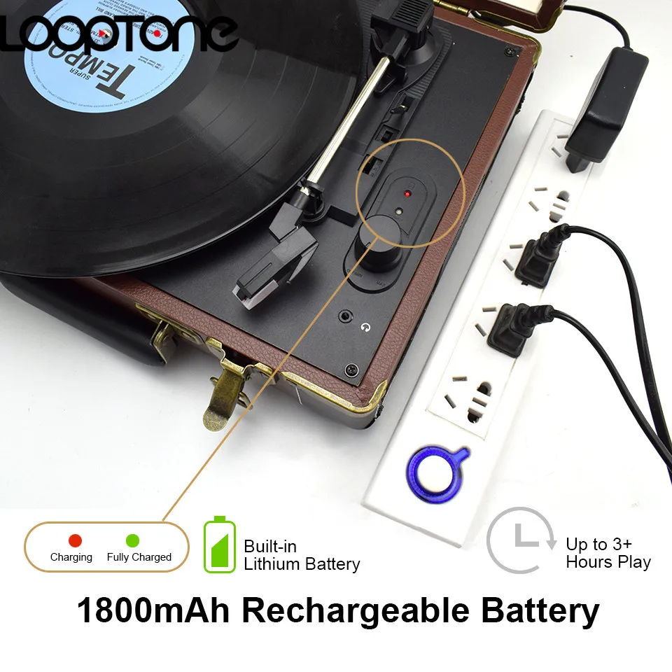 LoopTone Bluetooth Портативный 33/45/78 оборотов в минуту, вертушки виниловых пластинок фонокорректора разъём подачи внешнего сигнала Aux-in RCA линейный выход Встроенный Батарея 110~ 240V