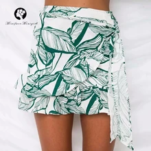 Зеленый милые летние Труба Русалка оборками короткие юбки с поясами для Для женщин Листья печати Повседневное пляжные мини-юбка