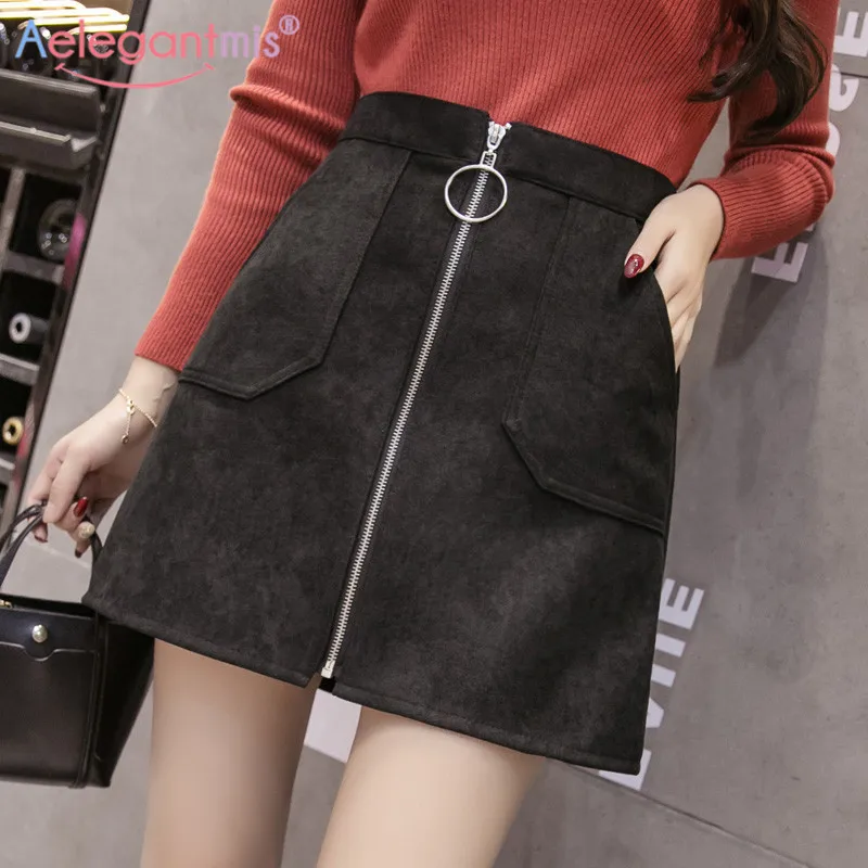 

Aelegantmis Fashion Black Suede Fabric Chic Women Mini Skirt Casual High Waist Ladies Short Skirts Elegant Zipper A-line Skirt