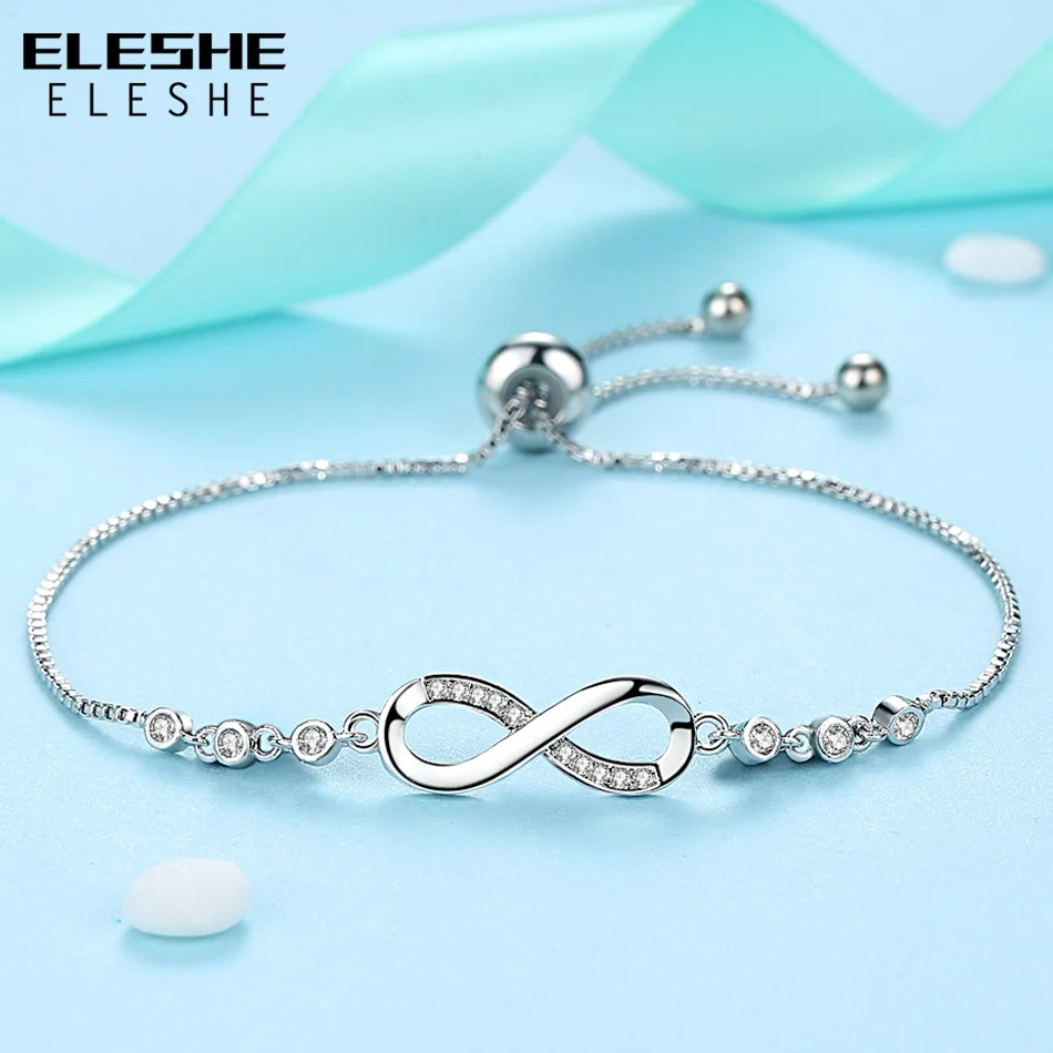 ELESHE, новая мода, CZ Кристальный браслет бесконечности, серебряный браслет, регулируемая цепочка, женские очаровательные браслеты, ювелирные изделия