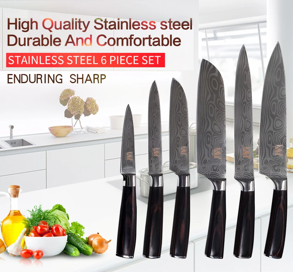 XYj набор кухонных ножей из нержавеющей стали для приготовления мяса, овощей, кухонные инструменты, шеф-повара для нарезки сантоку, утилита для очистки овощей, дамасский нож с узором