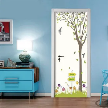 

Tree Bird Nordic Brief Door Stickers Self Adhesive PVC Warerobe Slider Door Wallpaper Waterproof Renovation Decal For Furniture