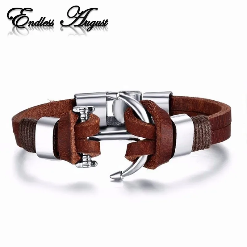 

Endless August New Pirate Style Alloy Stainless Steel Anchor Bracelet For Men Genuine Cow Leather Bracelet Jewelry Bangles