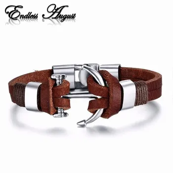Endless August New Pirate Style Alloy Stainless Steel Anchor Bracelet For Men Genuine Cow Leather Bracelet Jewelry Bangles