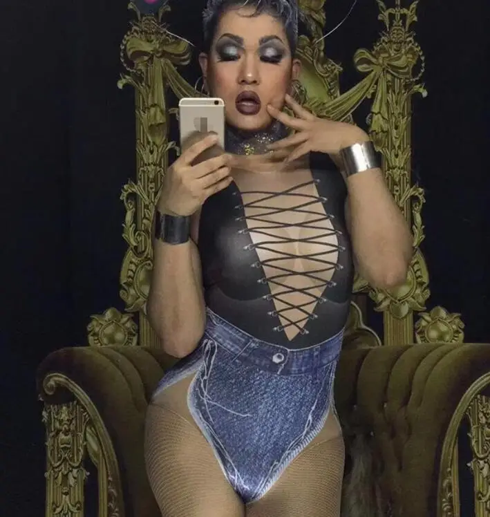 

Sexy Jeans Bandage Printed Bodysuit Female Singer Stage Costume Leotard Nightclub Party Celebrate Stretch Nude Denim Outfit