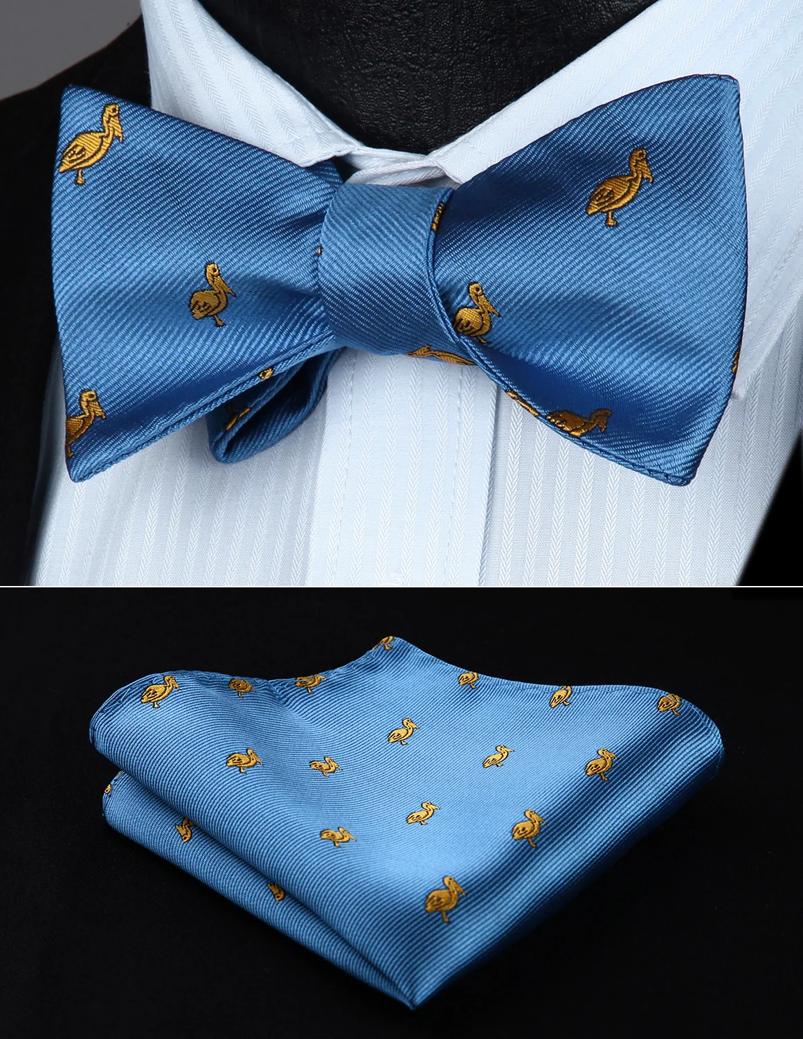  BGA03BS Animal Pattern Light Blue Wedding Bowtie Men Silk Self Bow Tie handkerchief set