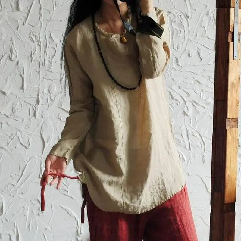 

2018 Spring Original Art Loose T Shirt Long Pockets Plus Size Harajuku Women Ramie Tops O-neck Long Sleeve Irregular Hem T-shirt