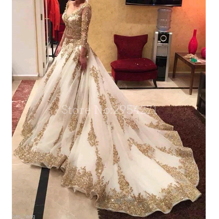 

Luxury 2 Piece Wedding Dresses Gold and Champagne Applique Beads Court Train Wedding Gowns Long Sleeve Bridal Dresses