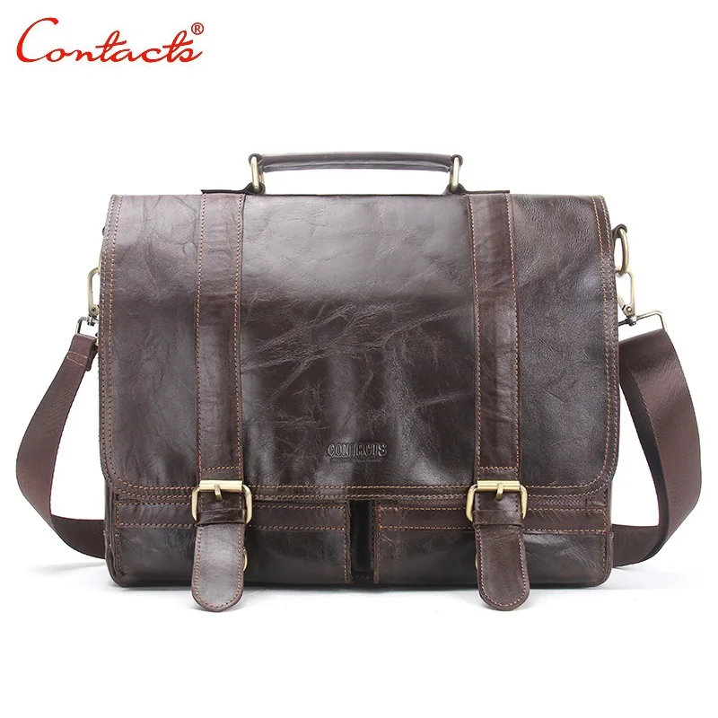 CONTACTS 2017 New Men Retro Briefcase Business Shoulder Bag Leather Handbag Bag Computer Laptop Messenger Bags Men's Travel Bags new high quality leather men laptop briefcase bag 14 inch computer bags handbag business bag fashion laptop handbag for men