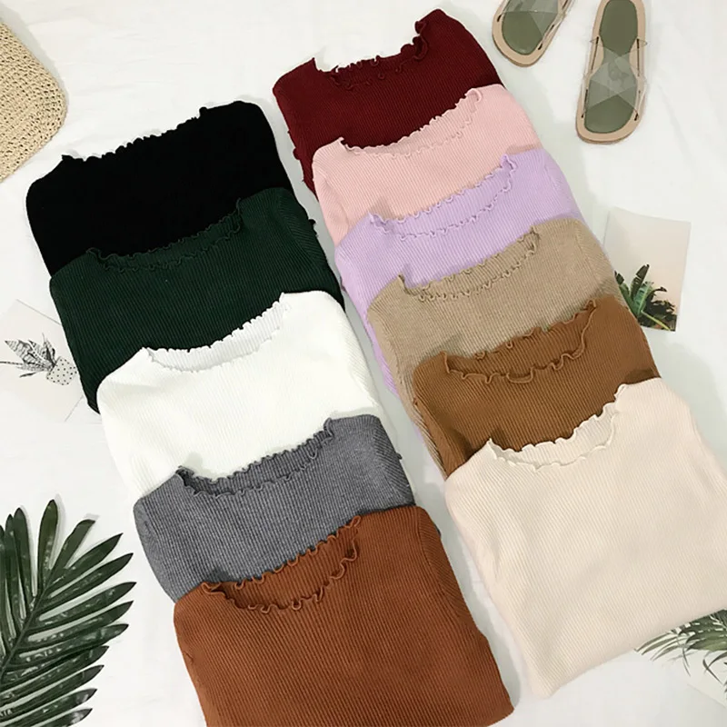 

Knitted Autumn Sweater Frill Round Neck Womens Basic Sweaters 2019 Winter Tops Women Pullover Jumper Pull Female Solid Top