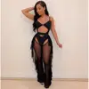 BKLD Ladies Tracksuits Festival Women Club Outfits Hollow Out Spaghetti Strap Bodysuit Ruffles Mesh Pant Set For Women 2024 3