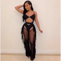 BKLD Ladies Tracksuits Festival Femmes Club Outfits Hollow Out Spaghetti Strap Bodysuit Ruffles Mesh Pant Set Pour Femmes 2024 3