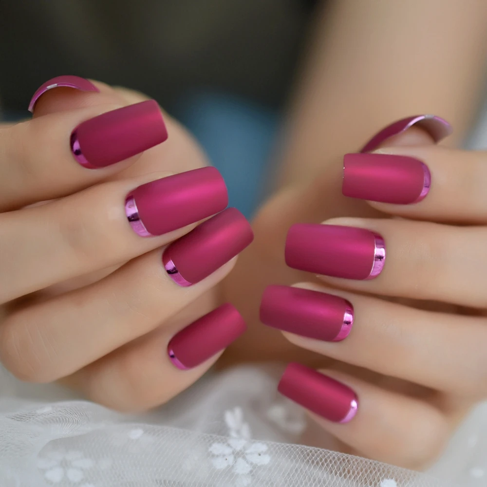 

Square Matte Metal Nails Cherry Rose Pink Layer Frosted Maroon Nails Artificial Acrylic Press On Nails