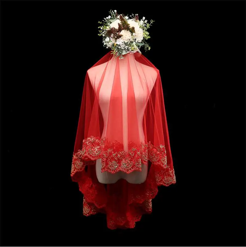 

Red Brial Veils One Layer Adult Gold Lace Edge Appliqued Wedding Veil Short Velos De Novia 2018 Accessoire Mariage In Stock C