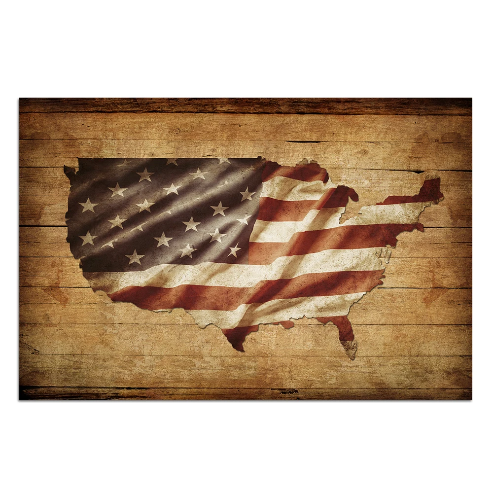 Visual Art Decor USA American Flag Canvas Wall Art Vintage Map of The