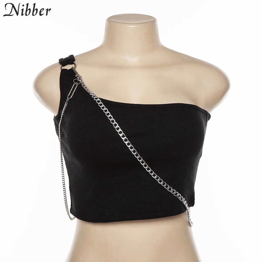 Nibber2019, летняя мода, в стиле панк, с металлической цепочкой, женские майки, сексуальные, белые, черные, уличные, повседневные, короткий топ, для девушек, одноцветные, тянущиеся, майка, футболка
