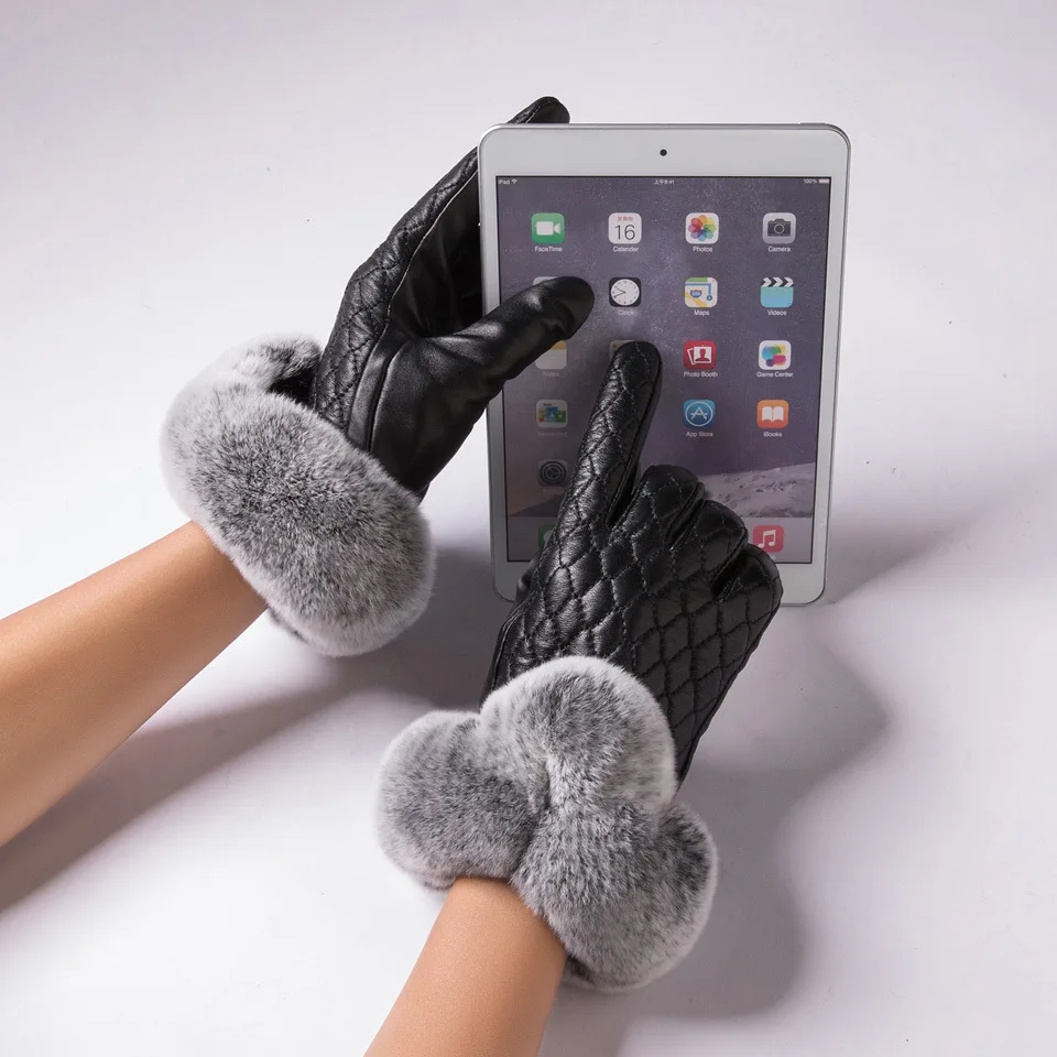 

New Winter Female Lace Warm rabbit thick Plush Wrist Women Touch Screen Driving Gloves