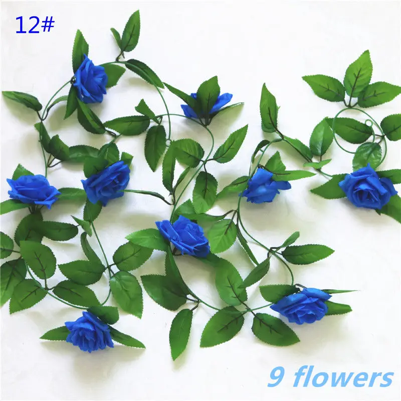 1pcs/lot 230-250cm Artificial Flowers Silk Roses Ivy Vine diy with Green Leaves Fake leaf artificial flowers for home decoration - Цвет: 12Dark Blue 9 flower