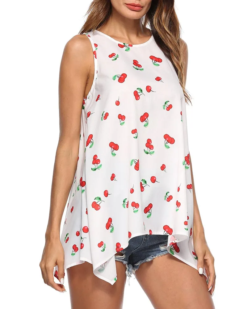 

Hitmebox 2019 New Summer Women Sleeveless Cherry Printed Flowy Chiffon Blouse Swing Tunic Casual Loose Pulllover Split Top Shirt