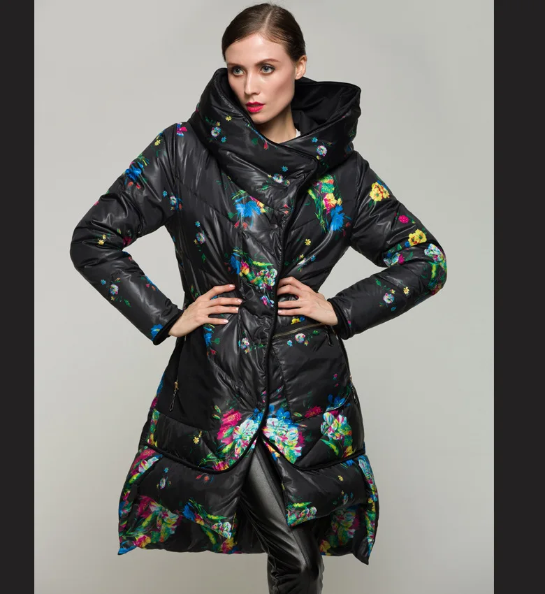 Европа и Америка, цветочный принт, плюс размер, пуховое пальто, зимняя куртка для женщин, X-Long, толстый Асимметричный пуховик, женские парки, Mujer