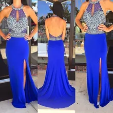 Sexy halter Mermaid Backless Brautkleider 2016 Neue Perlen Sweep Zug Side Slit Partei Ball abendkleid