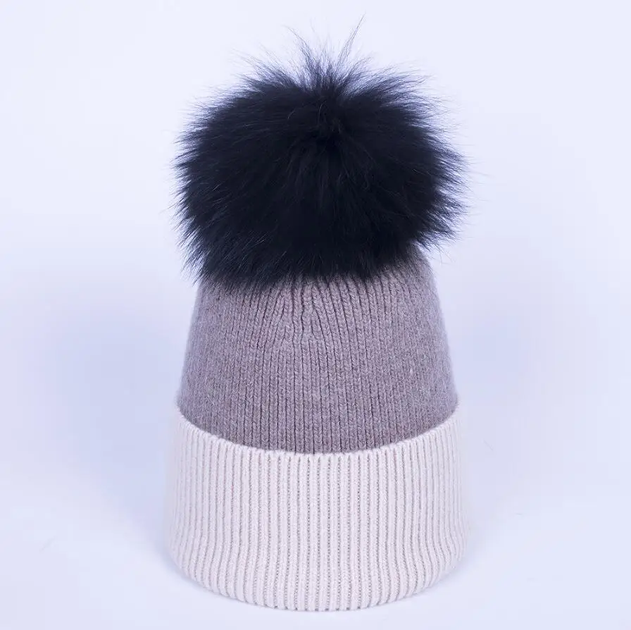 YC Fur, зимняя шапка, шапка для женщин, натуральный мех, помпон, шапки s, шапки бини, женские, двойные цвета, вязаные шапки из овечьей шерсти, шапки бини, Skullies, для девочек - Цвет: BEIGE KHAKI BLACK PO