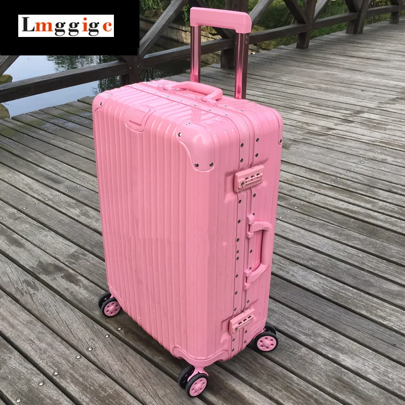 Pink Aluminum frame PC ABS Multiwheel font b Luggage b font TSA combination locks Suitcase women
