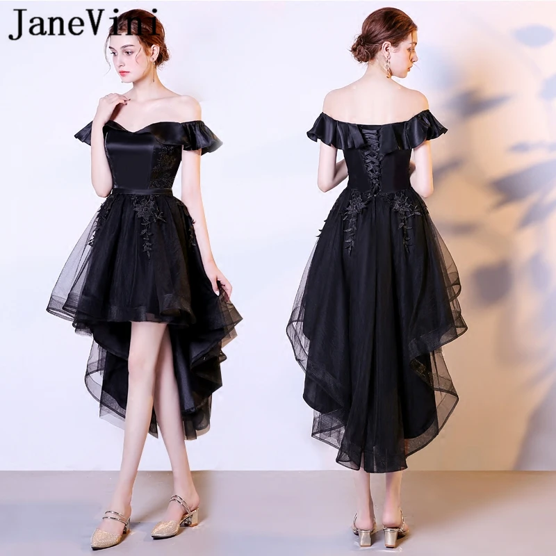 

JaneVini High Low Black Bridesmaid Dresses A Line Tulle Boat Neck Ruffles Lace Appliques Backless Tea-Length Formal Prom Gowns