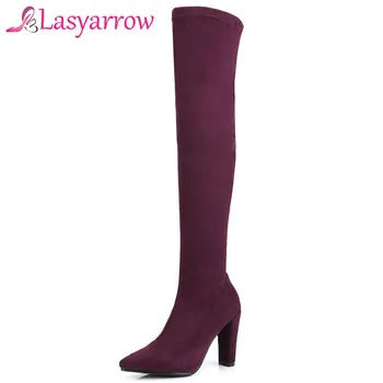 

Lasyarrow Slim Women Boots High Heels Knee Thick High Boots Thigh High Over The Knee Black Boot Ladies shoes Plus Size 43 F104