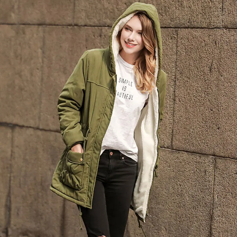 

Solid Hoodies Down Cotton Jackets Women Casual Lambswool Pockets Zipper Coats Winter Ladies Fashion Thicken Warm Loose Jackets