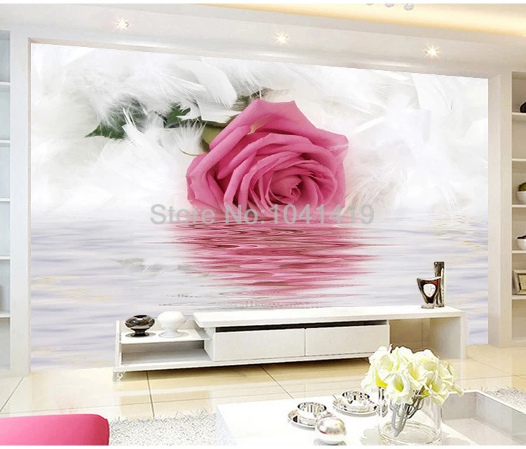 Романтическая роза перо отражение на воде фото обои Современное искусство Дизайн интерьера Декор фрески 3D красивые цветы обои