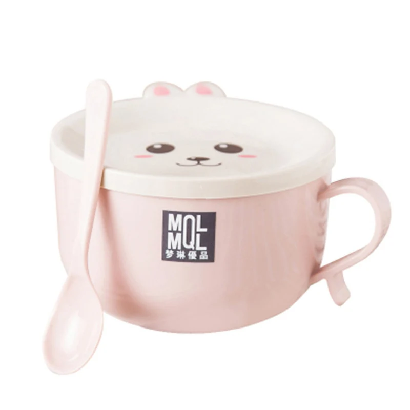 Детская посуда, милая детская чаша из нержавеющей стали с мультяшным Кроликом, столовая посуда для младенцев с ложкой, контейнер для еды MBG0392 - Цвет: Pink