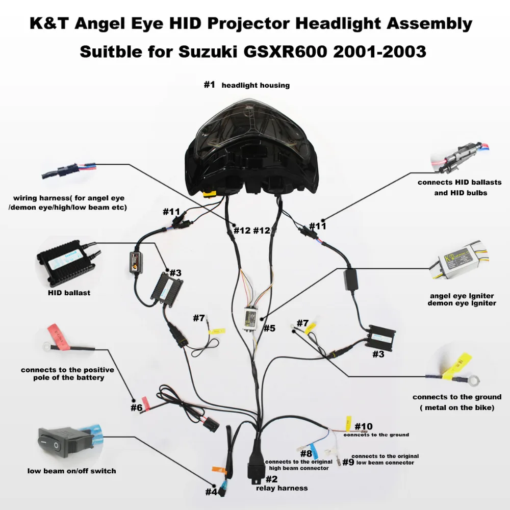 Передние фары KT для мотоцикла Suzuki GSXR600 2001 2002 2003 HID Проектор Светодиодный (LED) Глаз ангела Белый Светодиодный (LED) Глаз демона Синий Передняя ...