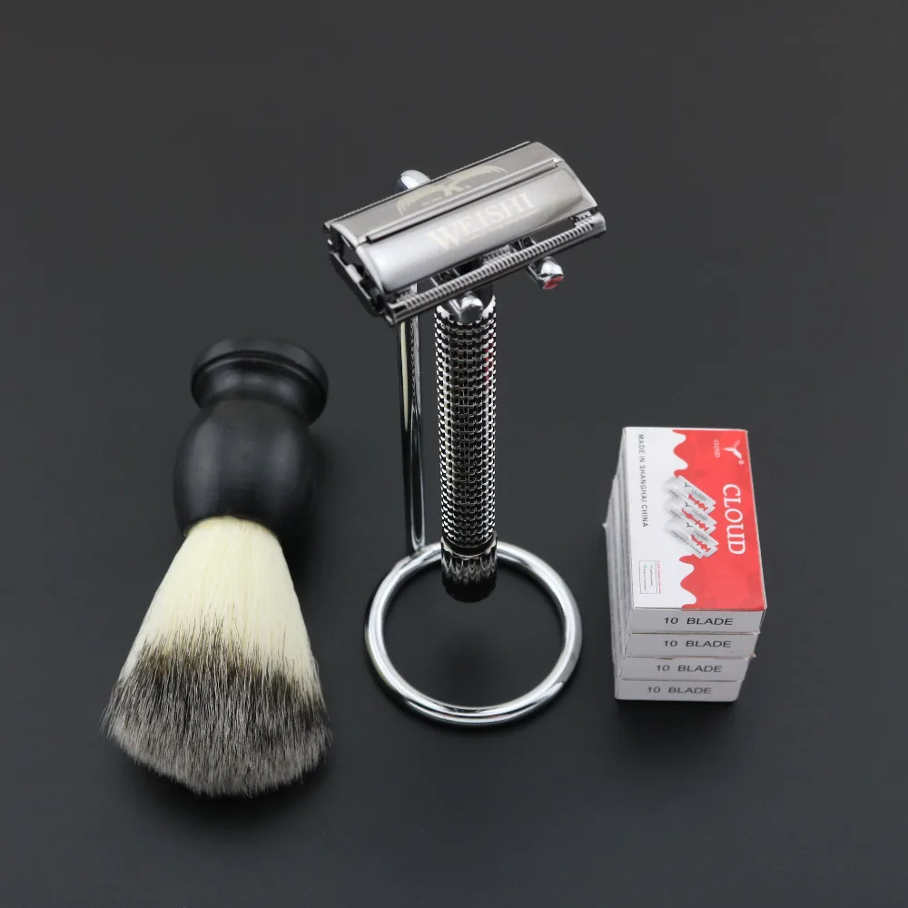 

WEISHI Double Edge Safety Razor 9306-CL Gun color + Razor holder + 40PCSblades + Wood handle shaving brush XW NEW