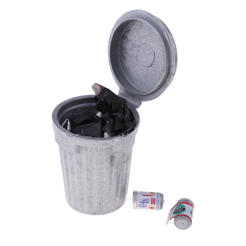 Miniatures Furniture Alloy Trash Can for 1:12 Dollhouse Scenes Accessories Silver