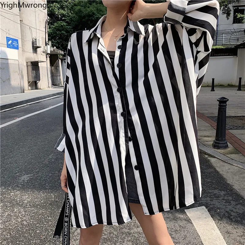 

Oversized Loose Striped Black White Block Long Sleeve Blouse Spring Autumn Summer Cardigan Shirt Korean Fashion Top Casual Blusa