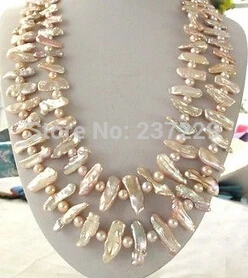 HOT## Wholesale price FREE SHIPPING ^^Double Pink Lavender Biwa Rice Freshwater Pearl Necklace 14K GP Clasp | Украшения и