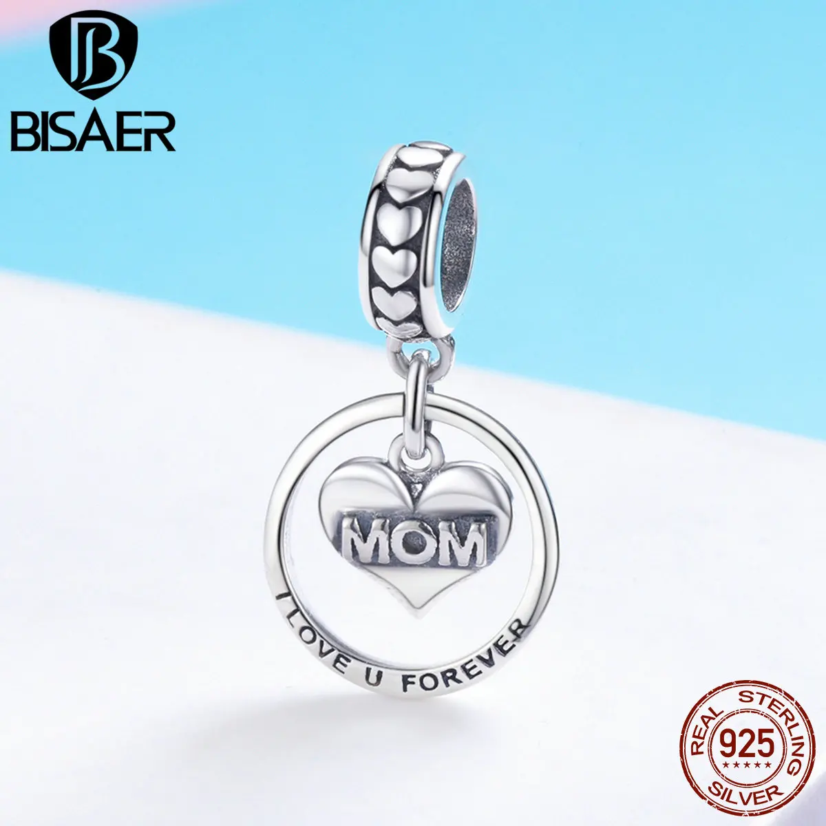 

BISAER 925 Sterling Silver Charm Love you Forever Mom Mother Gift Heart Dangle Beads fit Bracelet Silver 925 Jewelry ECC649