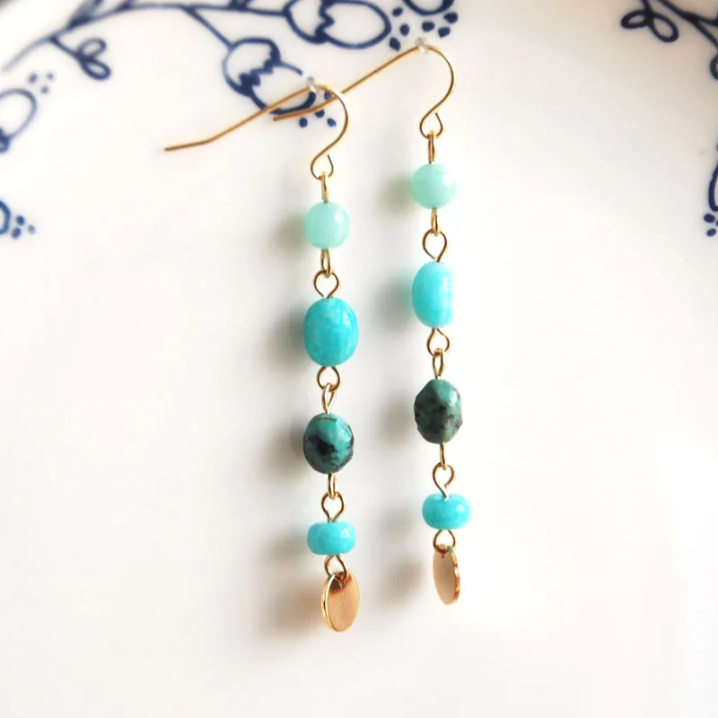 

gold color fashion jewelry Dangle Earrings handmade amazonite, American howlite blue stone for women gift free shippings