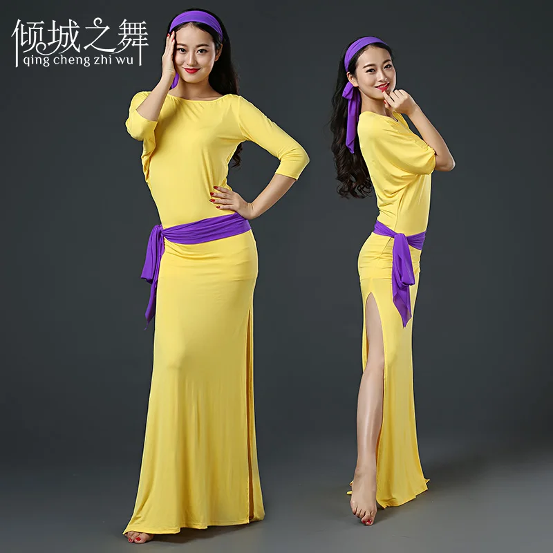 ZM168 платье для танца живота для женщин платье+ повязка на голову+ цепочка на талии+ защитные штаны - Цвет: bright yellow purple