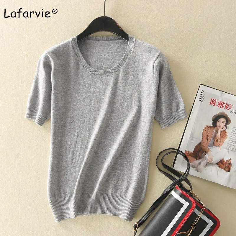 Lafarvie New Knitted Cashmere Blended Cashmere Sweater Women Spring Autumn Pullover Short Sleeve Solid Loose Knitting Sweater