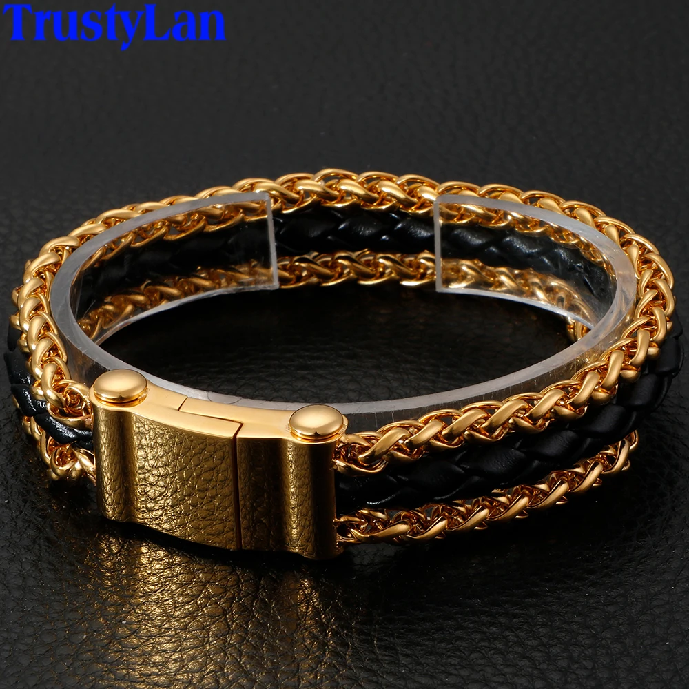 

Fashion Braided Leather Man Bracelet Male Chain Link Gold Stainless Steel Mens Bracelets & Bangles Wrap Men Bracelet Jewelry New